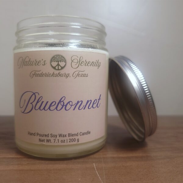 Open Bluebonnet soy wax blend candle with wooden wick and metal lid