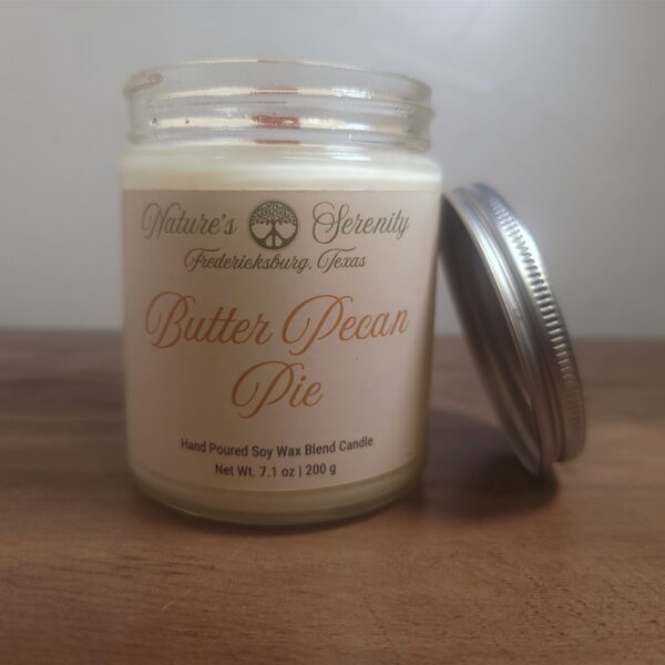 Open Butter Pecan Pie soy wax blend candle with wooden wick and metal lid
