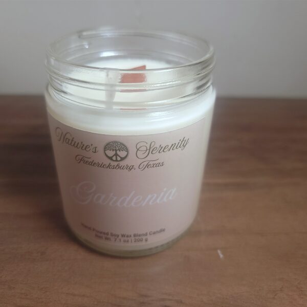 Open Gardenia soy wax blend candle showing the wooden wick